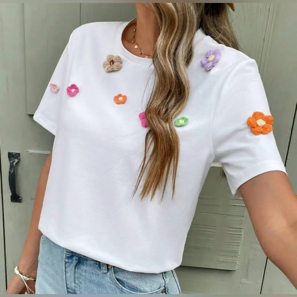 Floral Embellished White Top